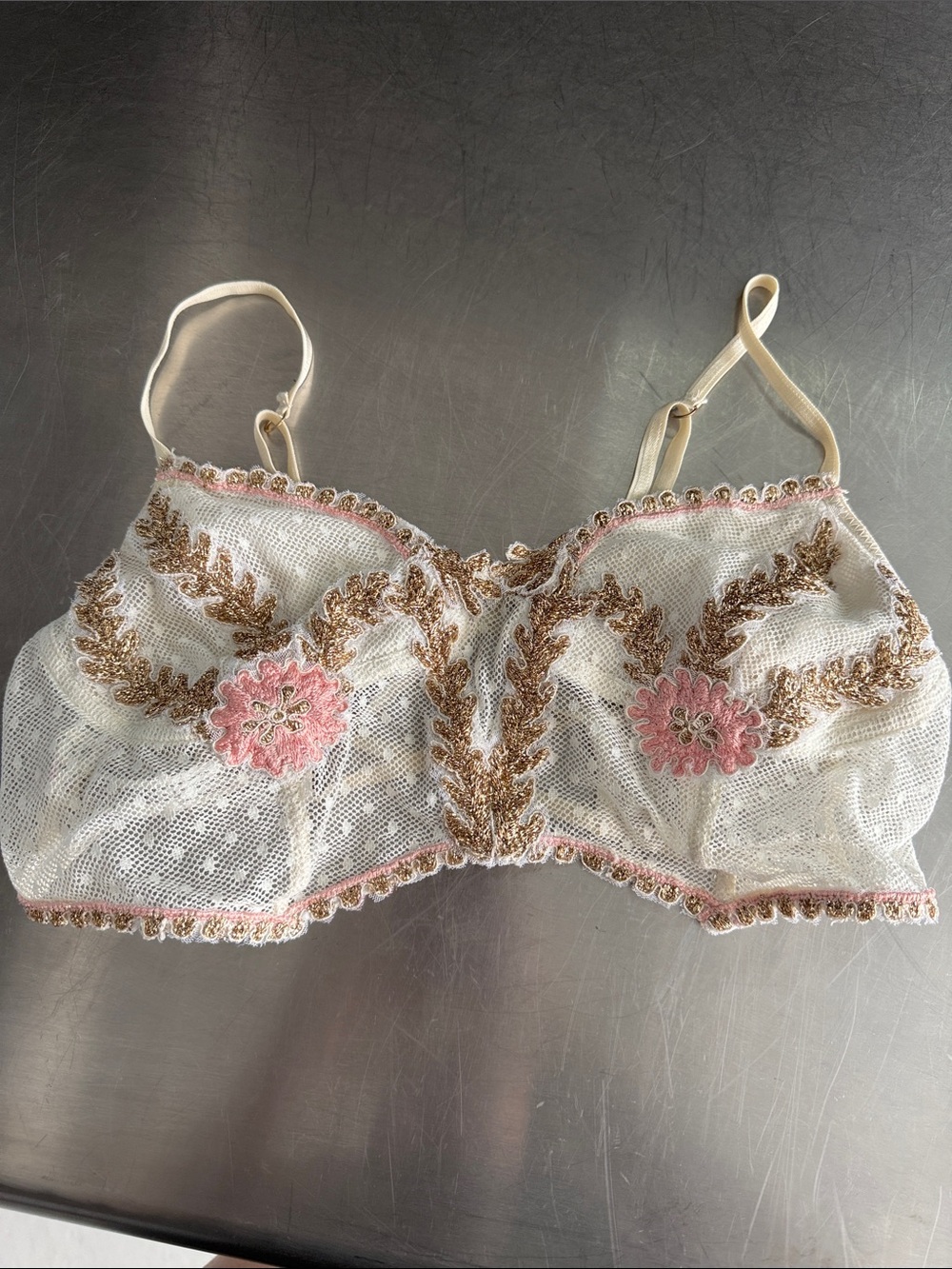 Free People White Lace Bralette with Pink & Gold Embroidery